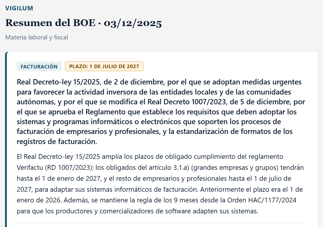 Cabecera del email de Vigilum con el artículo resumido, chip de materia y chip de plazo.