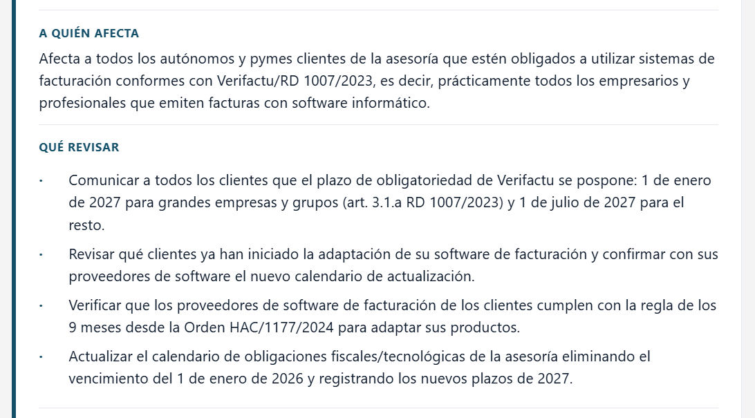 Secciones "A quién afecta" y "Qué revisar" con checklist accionable.