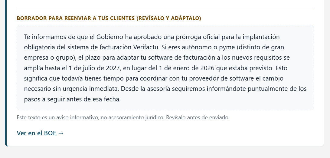 Borrador de aviso listo para reenviar al cliente y enlace al BOE.